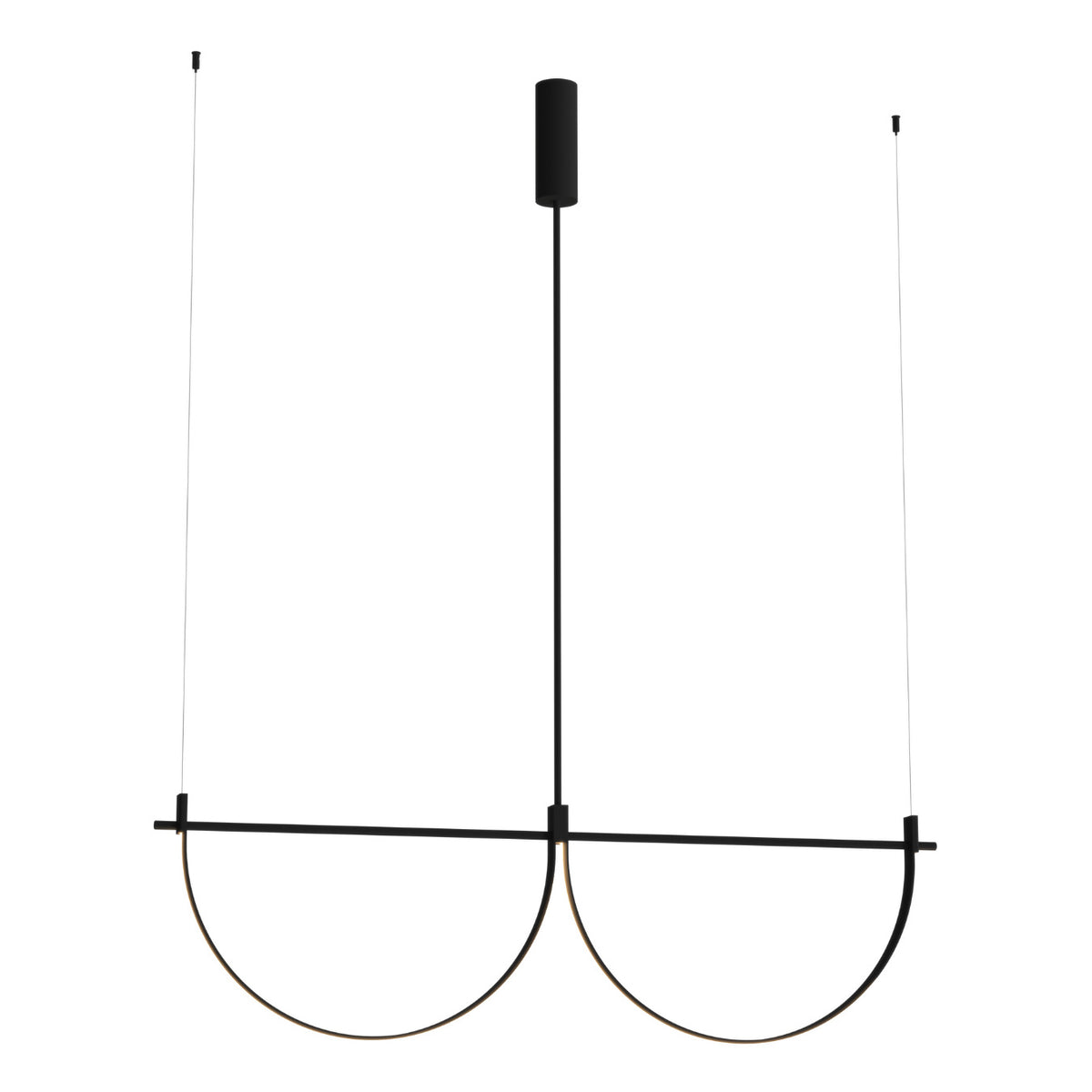 Suspension linéaire Victoria métal noir 129 cm barre fine et deux demi-cercles lumineux tenus au centre et aux extrémités