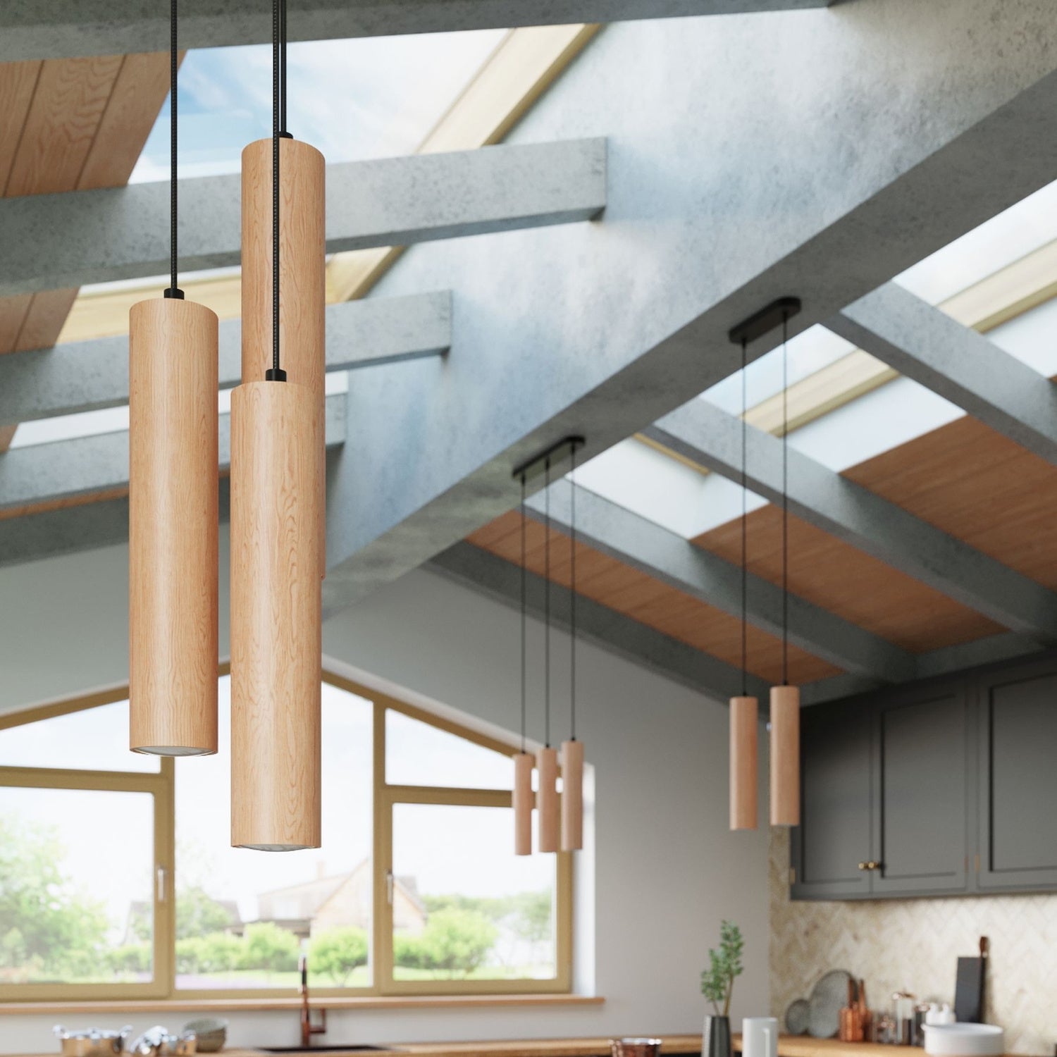 Composition de suspensions Lino en bois au-dessus d'un plan de travail