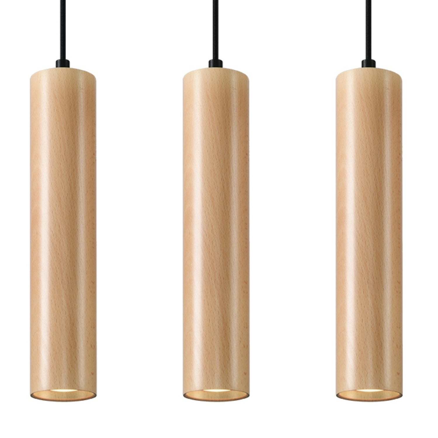 Suspension Lino 3 en bois massif, trois tubes cylindriques