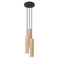 Suspension Lino 3 en grappe bois naturel, trois tubes de bois naturel en grappe