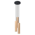 Suspension Lino 3 en grappe bois naturel, trois tubes de bois naturel en grappe