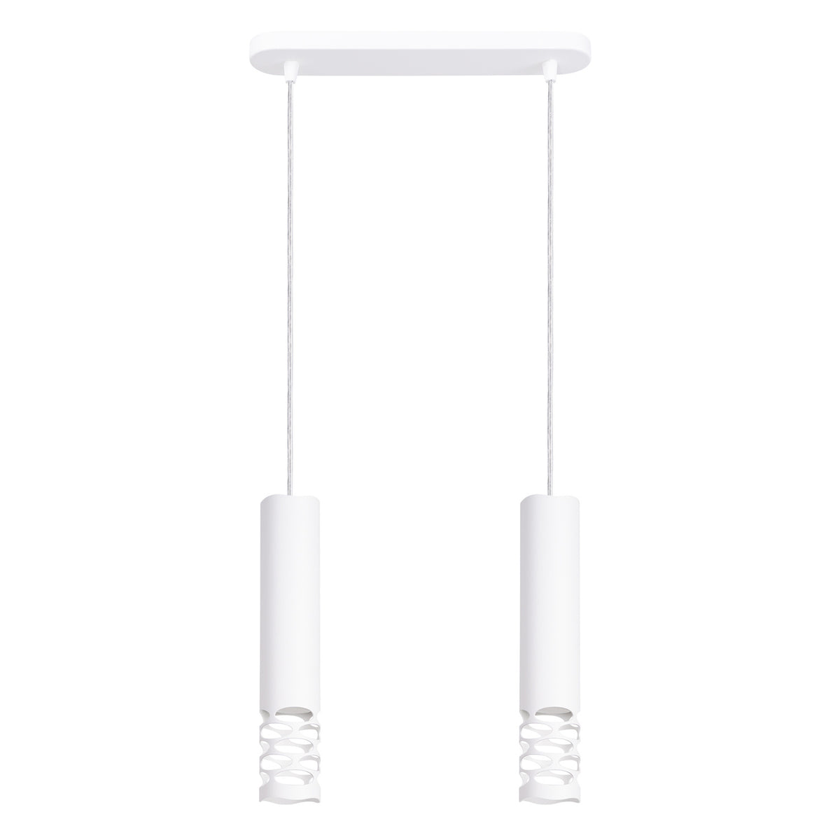 Suspension Liro 2 en acier blanc mat avec deux tubes ajourés d'ovales sous une rosace oblongue