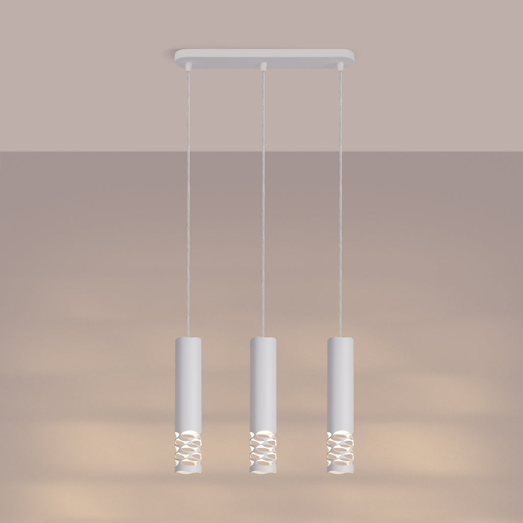 Suspension Liro 3 tubes ajourés en ligne acier blanc GU10 allumé