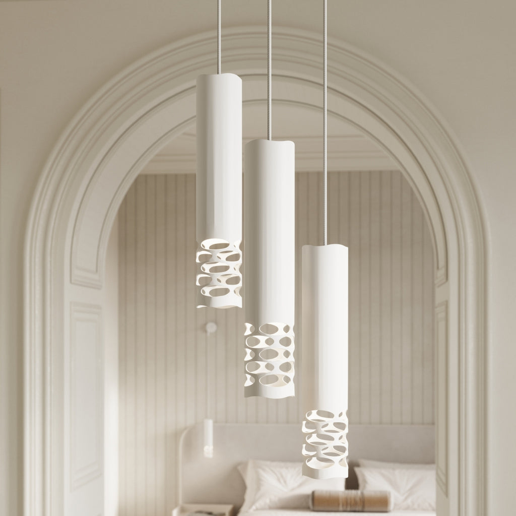 Suspension Liro 3 tubes ajourés en ligne acier blanc GU10 en situation
