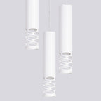 Partie basse ajourée d'ovales et bords ondulés des trois tubes en acier blanc de la suspension Liro
