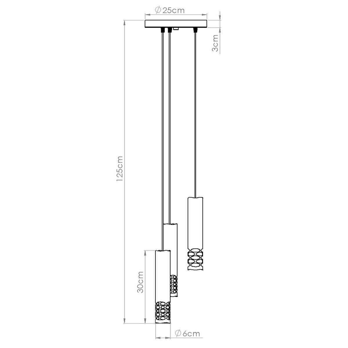 Schéma coté de la suspension Liro trois tubes hauteur 125 cm rosace 25 cm tubes 30 cm diamètre 6 cm