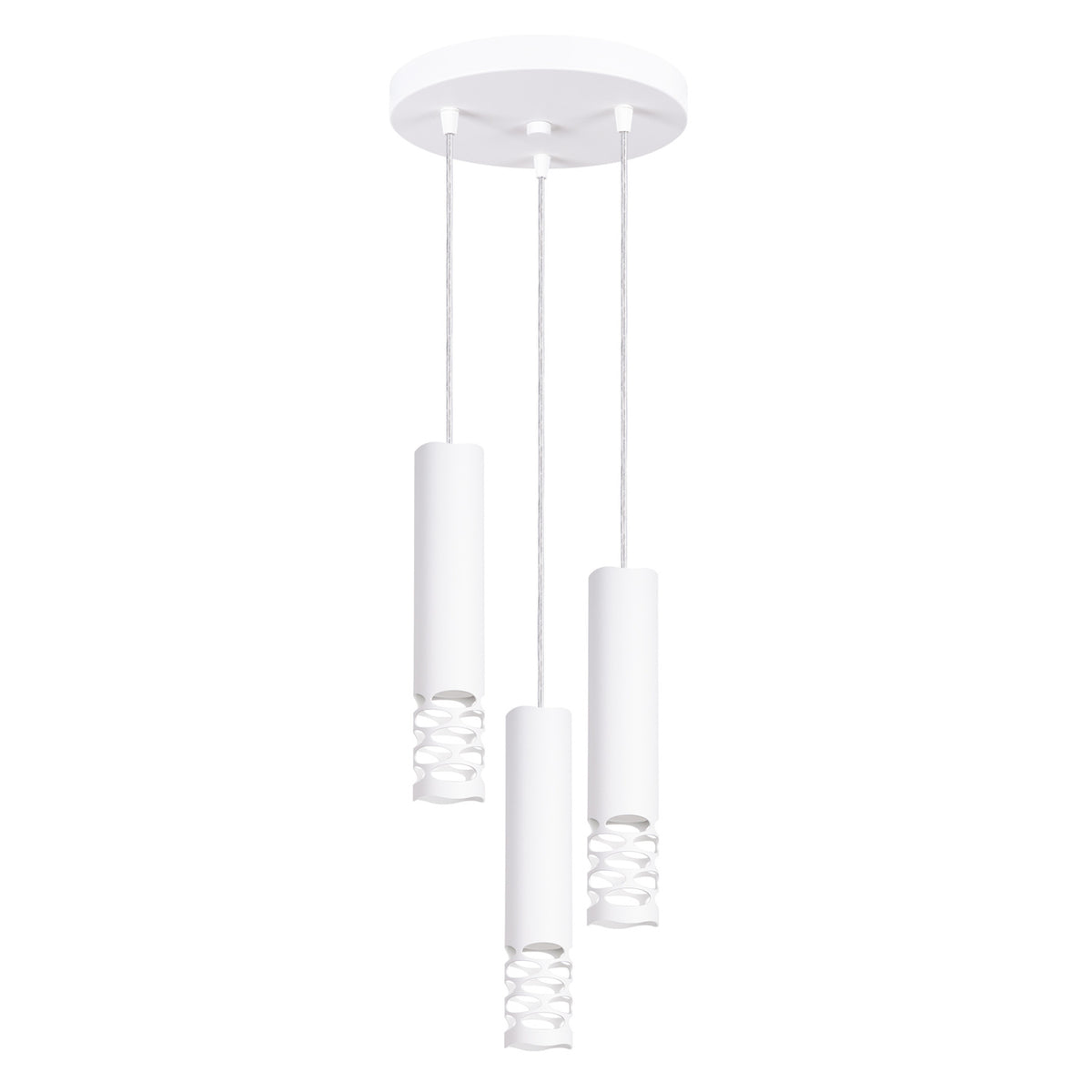 Suspension Liro trois tubes en acier blanc ajourés d'ovales en grappe sous une rosace ronde