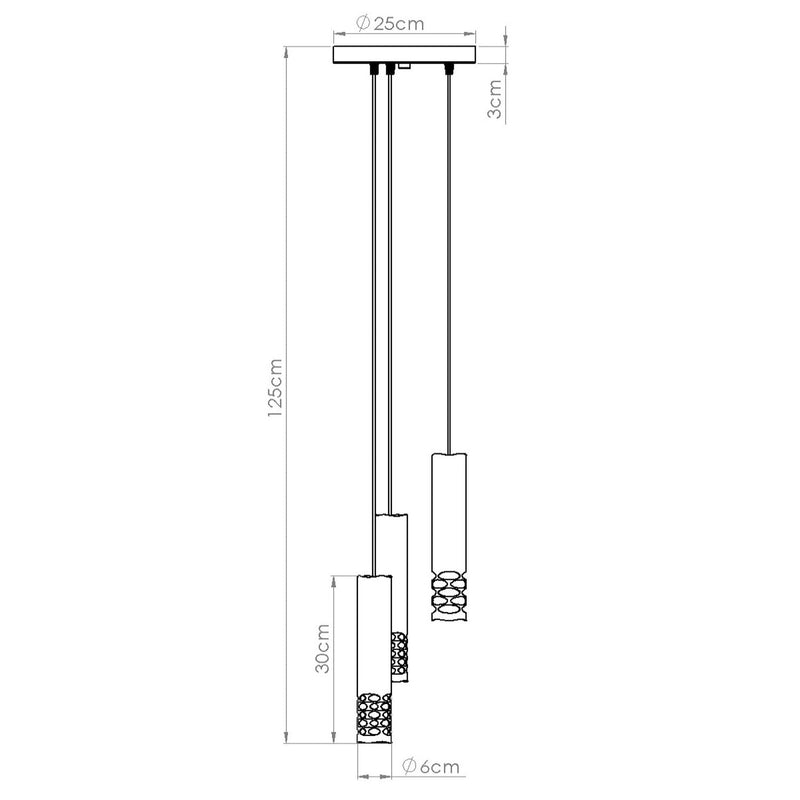 Dimensions Suspension Liro 3 tubes ajourés en grappe acier blanc GU10