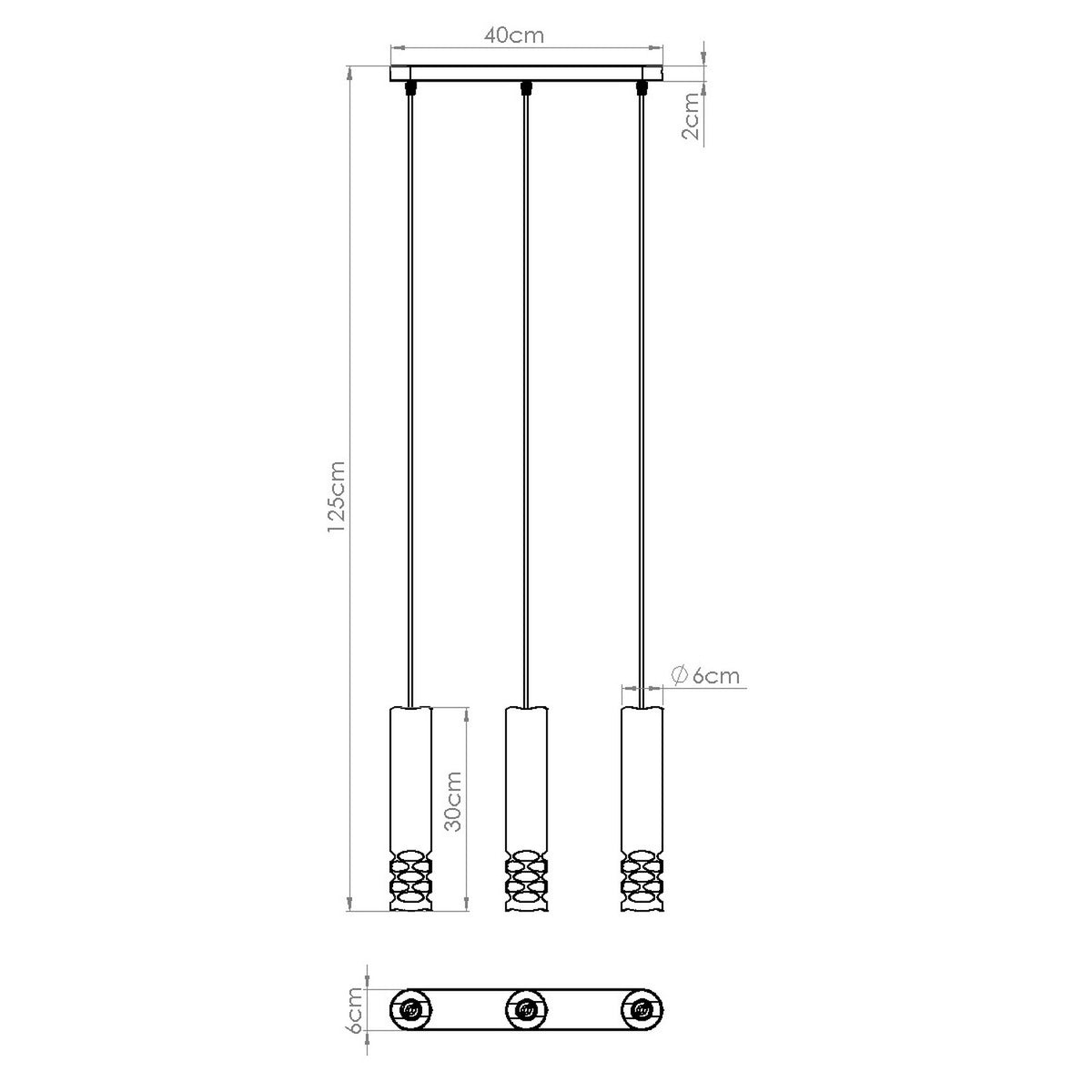 Schéma coté de la suspension Liro 3 hauteur 125 cm platine de 40 cm et tubes de 30 cm de long et 6 cm de diamètre