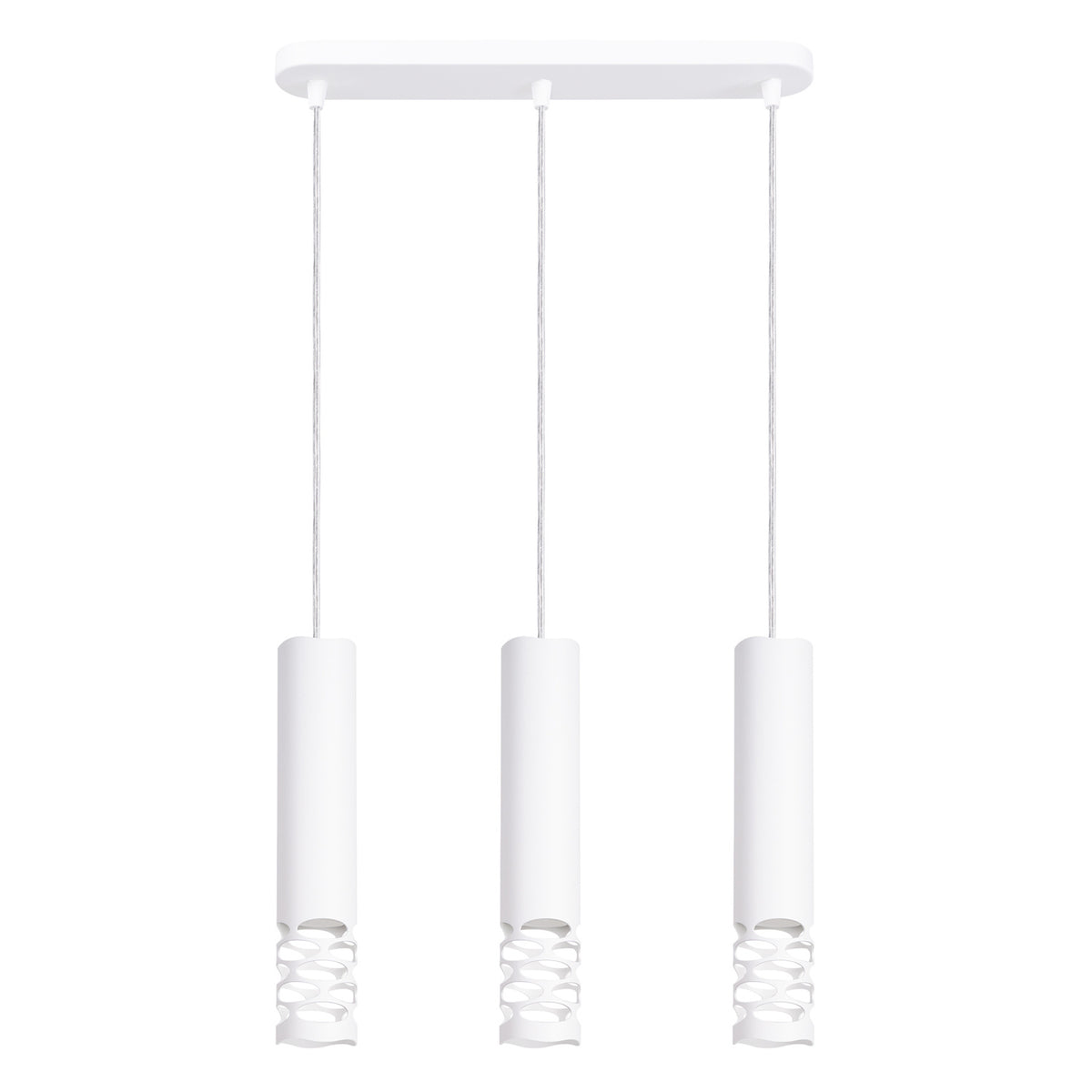 Suspension Liro 3 en acier blanc avec trois tubes ajourés d'ovales alignés sous une platine allongée sur fond blanc