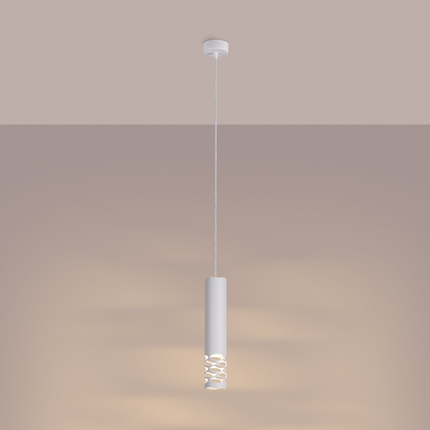 Suspension Liro tube ajouré acier blanc GU10 allumé