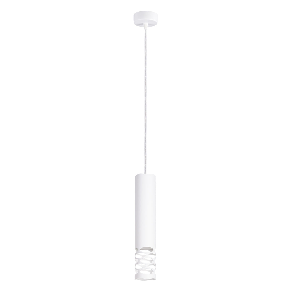Suspension Liro en acier blanc tube ajouré d'ovales sous une rosace ronde et un câble transparent