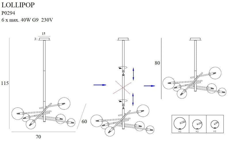 Dimensions Suspension Lollipop 6 globes laiton G9