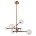 Suspension Lollipop finition laiton à six globes de verre transparent sur tiges croisées sous sa rosace ronde