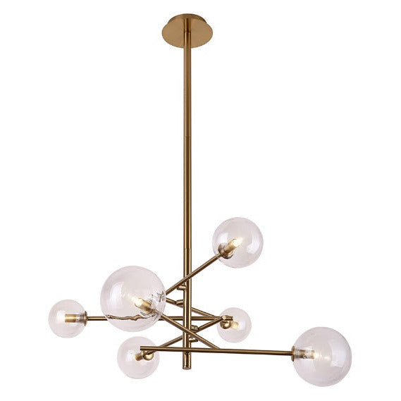 Suspension Lollipop finition laiton à six globes de verre transparent sur tiges croisées sous sa rosace ronde