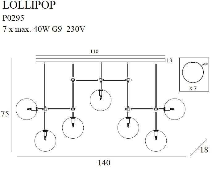 Dimensions Lollipop lineare Hängeleuchte, 7 Kugeln, Messing, G9