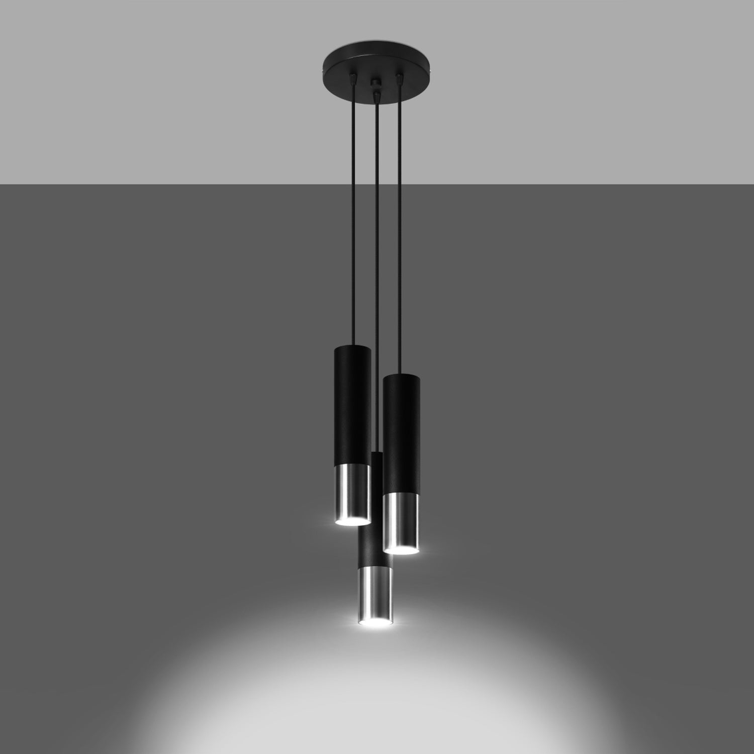 Suspension Loopez 3 en grappe acier noir et chrome allumé, faisceaux dirigés
