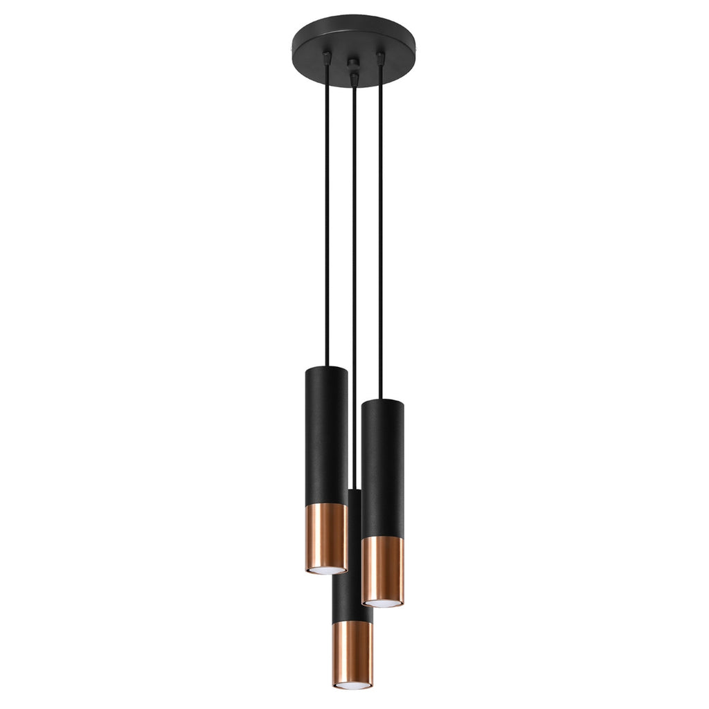 Suspension Loopez 3 en grappe acier noir et cuivre, tube à embout cuivré
