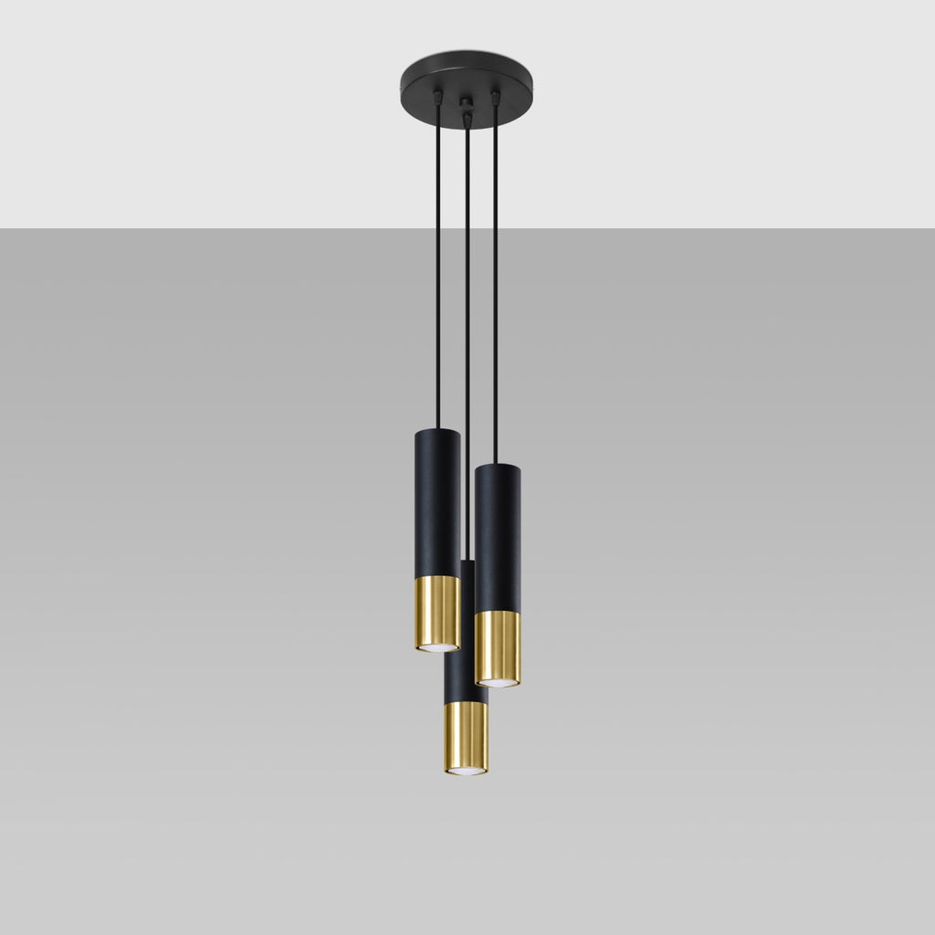 Suspension Loopez 3 en grappe acier noir et doré, détail de l'embout doré brillant