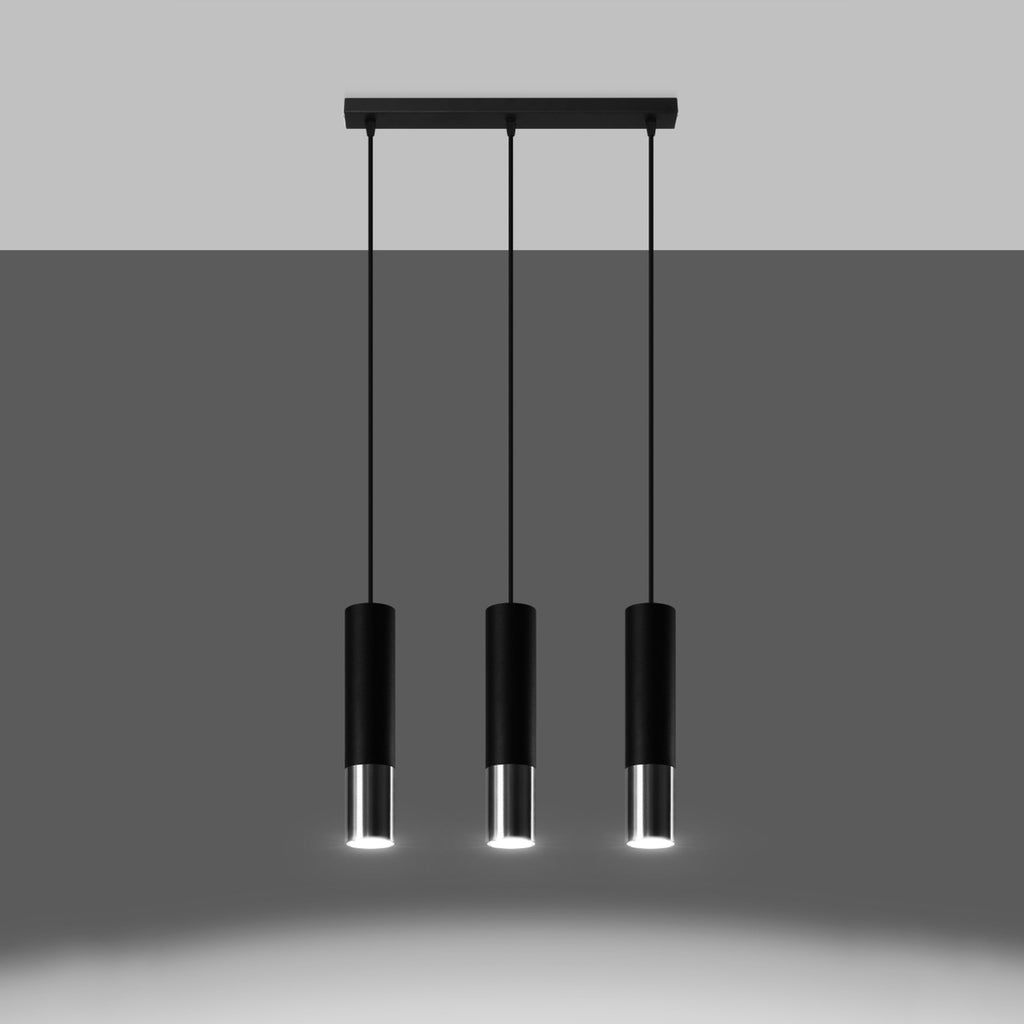 Suspension Loopez 3 en ligne acier noir et chrome allumé, faisceaux dirigés