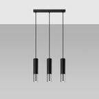 Suspension Loopez 3 en ligne acier noir et chrome, détail de l'embout chromé brillant