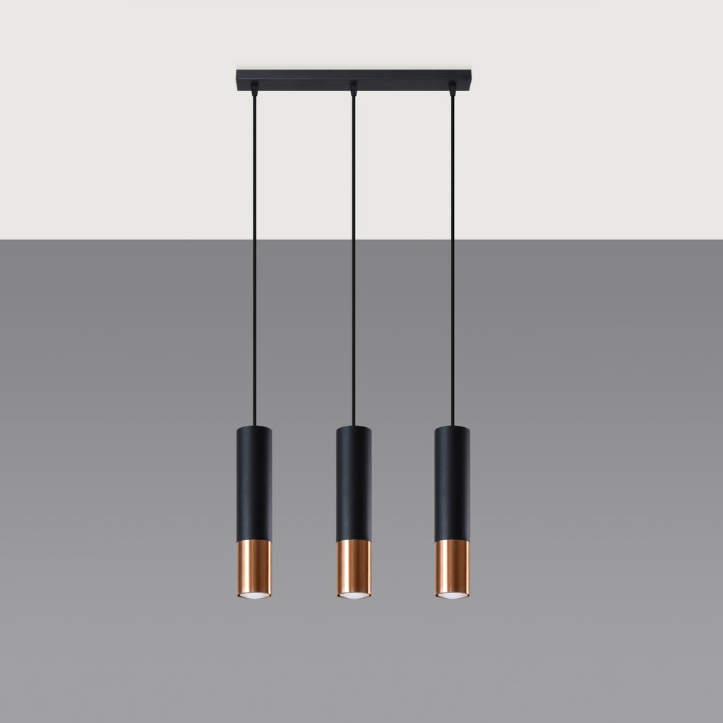 Suspension Loopez 3 en ligne acier noir et cuivre, détail de l'embout cuivré brillant