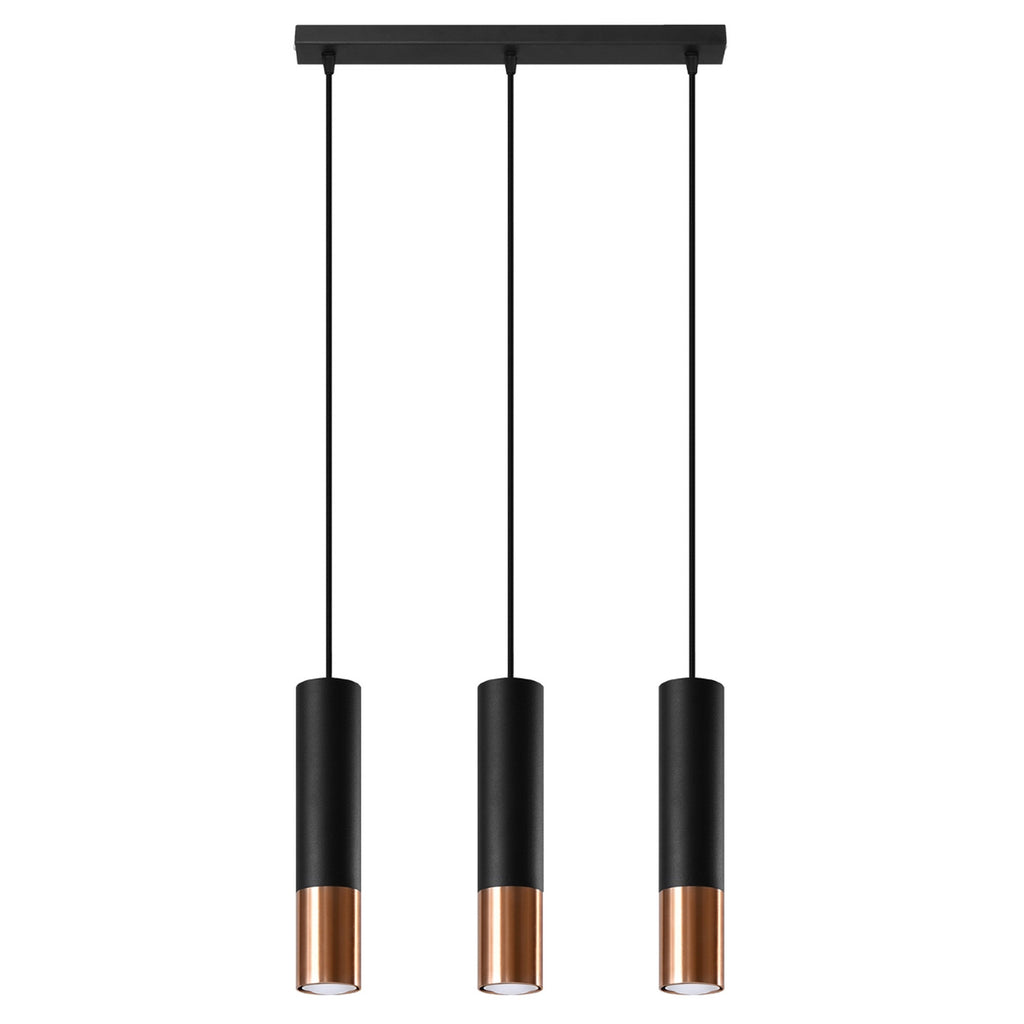 Suspension Loopez 3 en ligne acier noir et cuivre, tube à embout cuivré