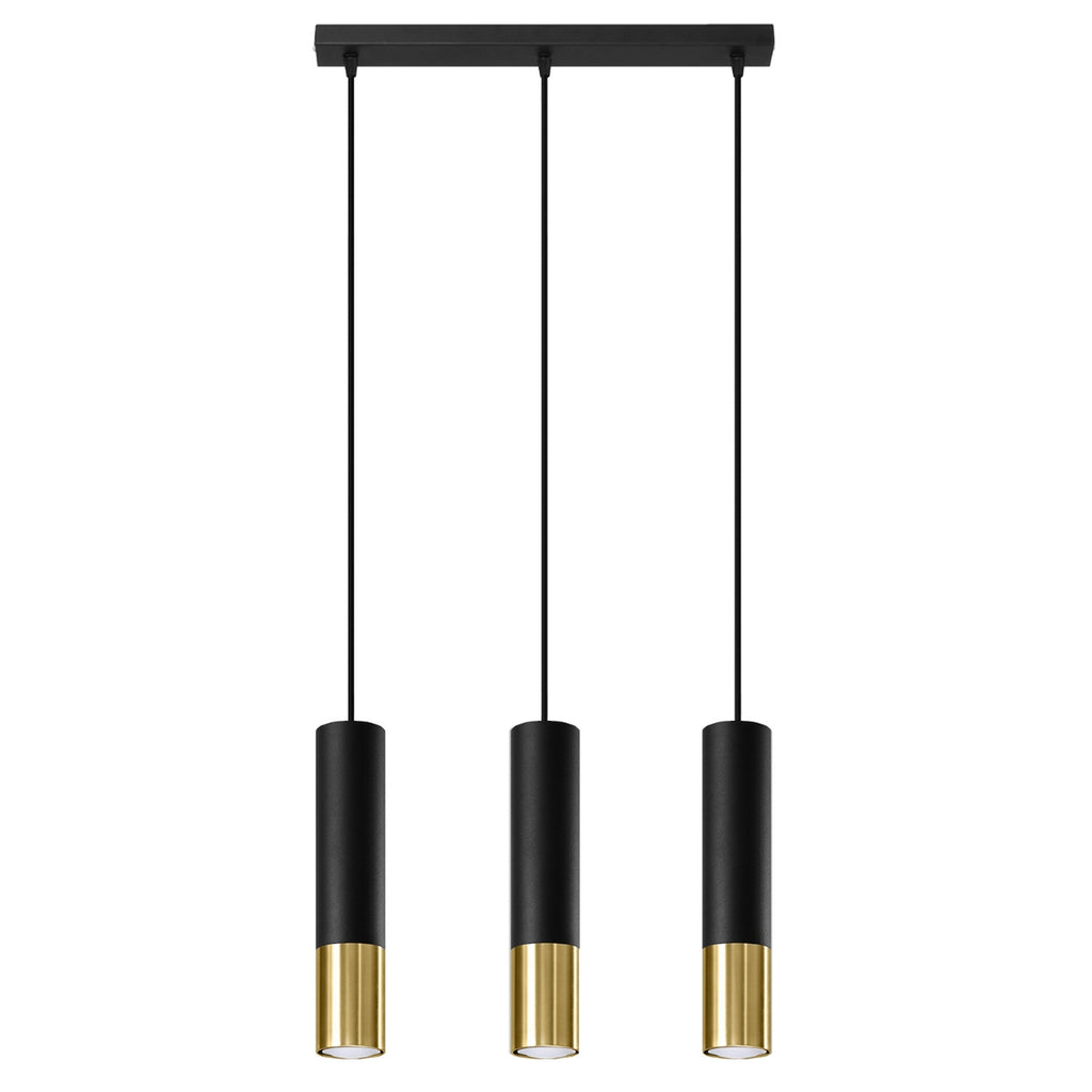 Suspension Loopez 3 en ligne acier noir et doré, tube à embout doré