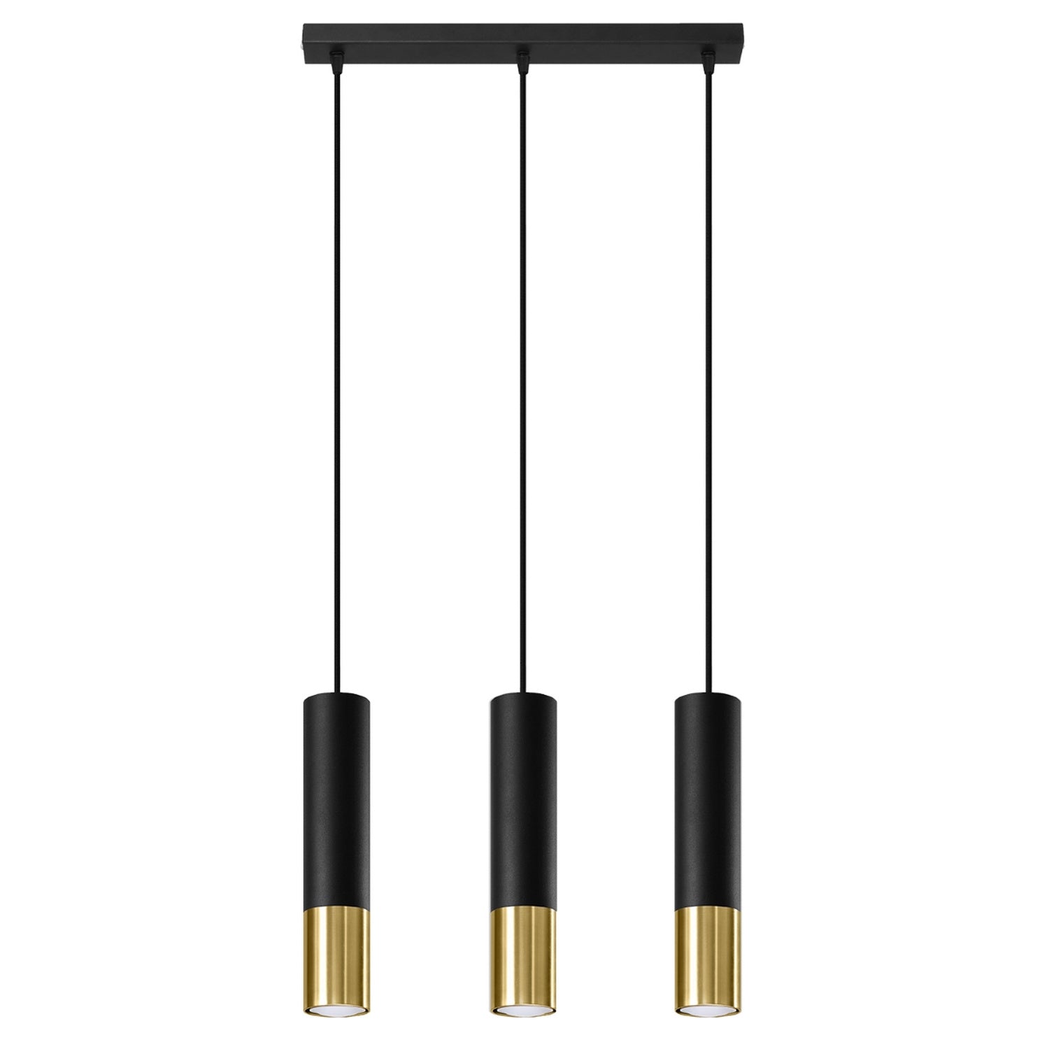 Suspension Loopez 3 en ligne acier noir et doré, tube à embout doré