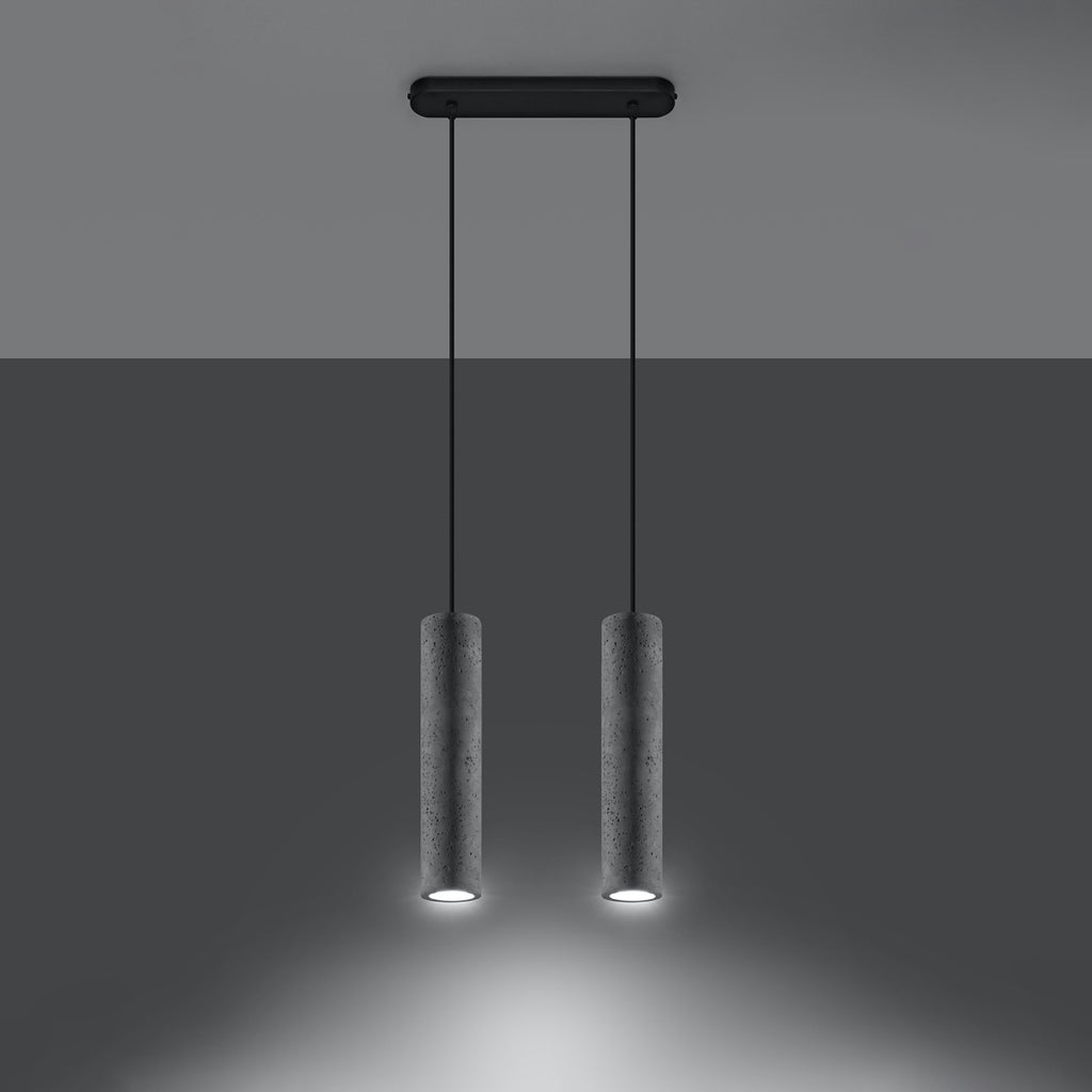 Suspension Luvo 2 en béton gris, deux tubes allumée, faisceau GU10 dirigé vers le bas