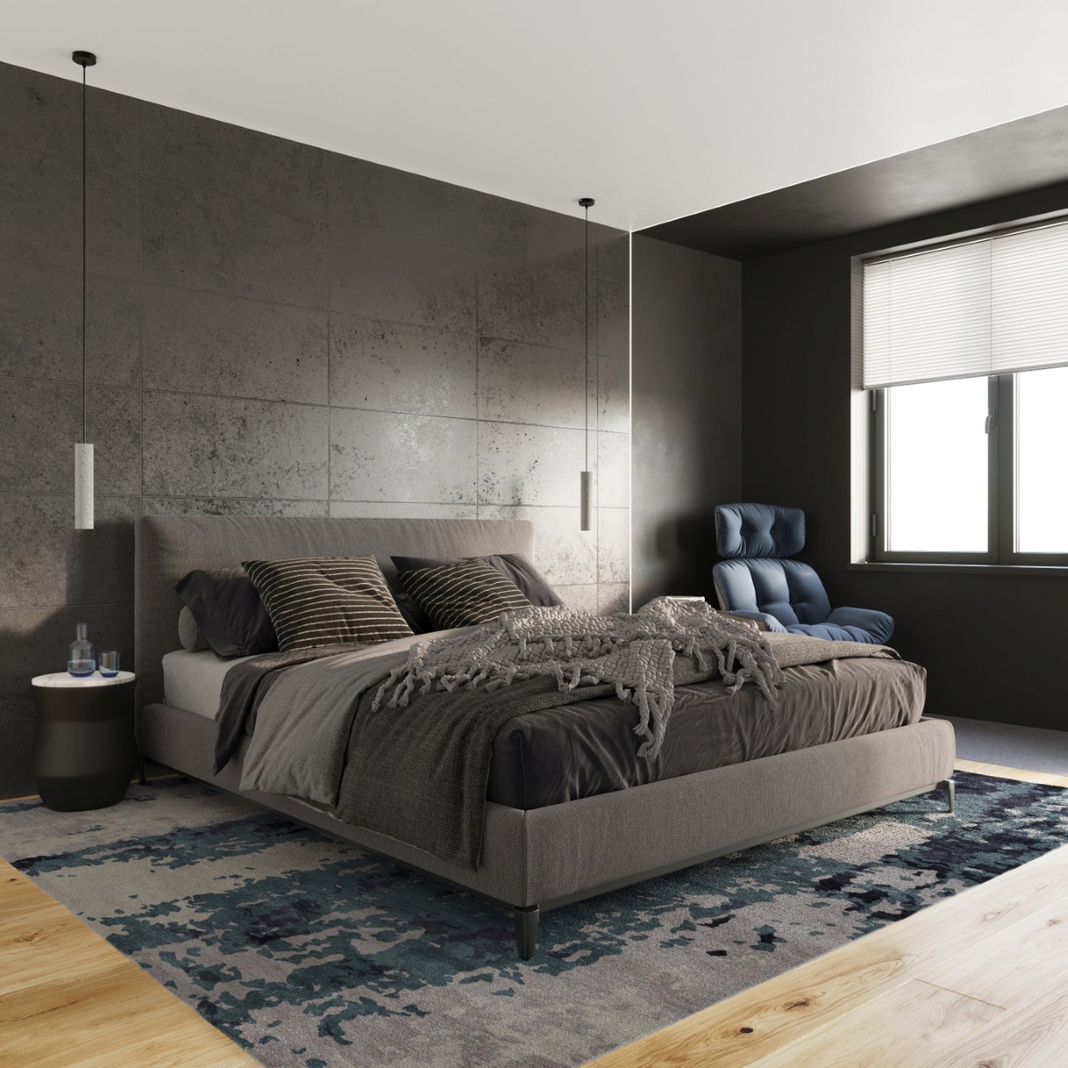 Suspension Luvo 2 en béton gris, deux tubes en situation dans un intérieur
