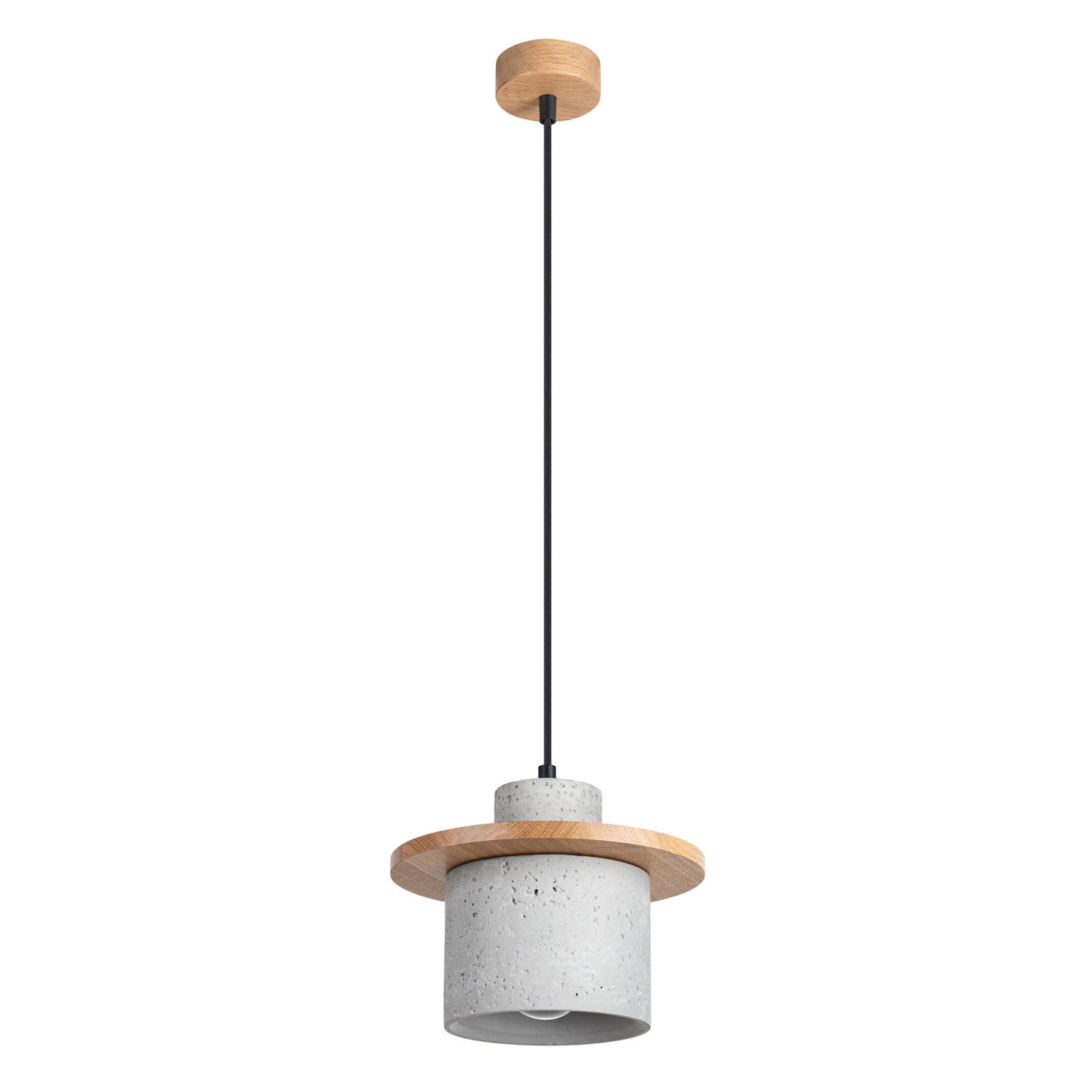 Suspension Mab béton et bois E27, cylindre de béton brut ceinturé d'un disque de bois naturel