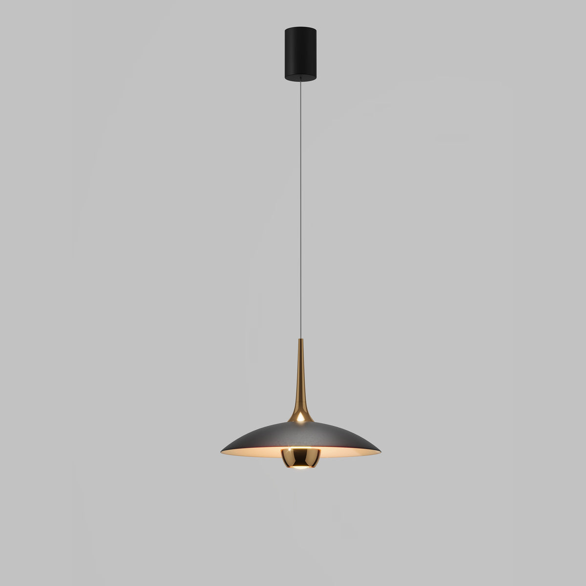 Suspension Manuka métal gris anthracite avec col et coupelle dorés sous une rosace cylindrique