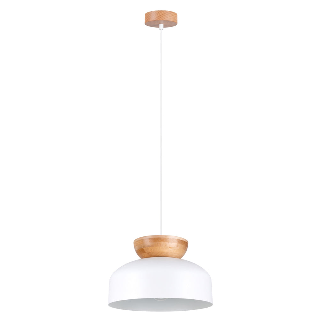 Suspension Marion métal et bois blanc E27, large dôme en métal blanc coiffé d'un bouton de bois naturel