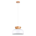 Suspension Marion métal et bois blanc E27, large dôme en métal blanc coiffé d'un bouton de bois naturel