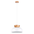 Suspension Marion métal et bois blanc E27, large dôme en métal blanc coiffé d'un bouton de bois naturel