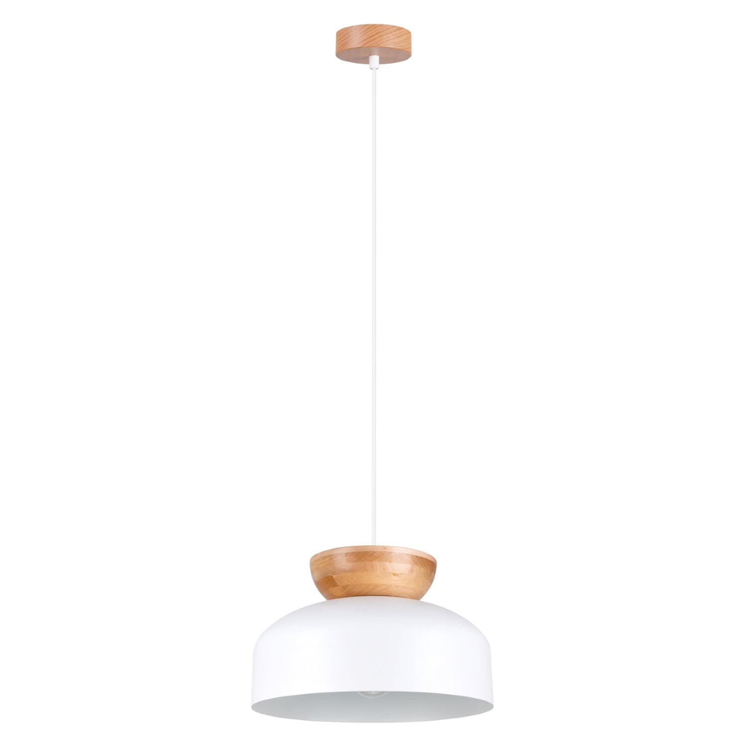 Suspension Marion métal et bois blanc E27, large dôme en métal blanc coiffé d'un bouton de bois naturel