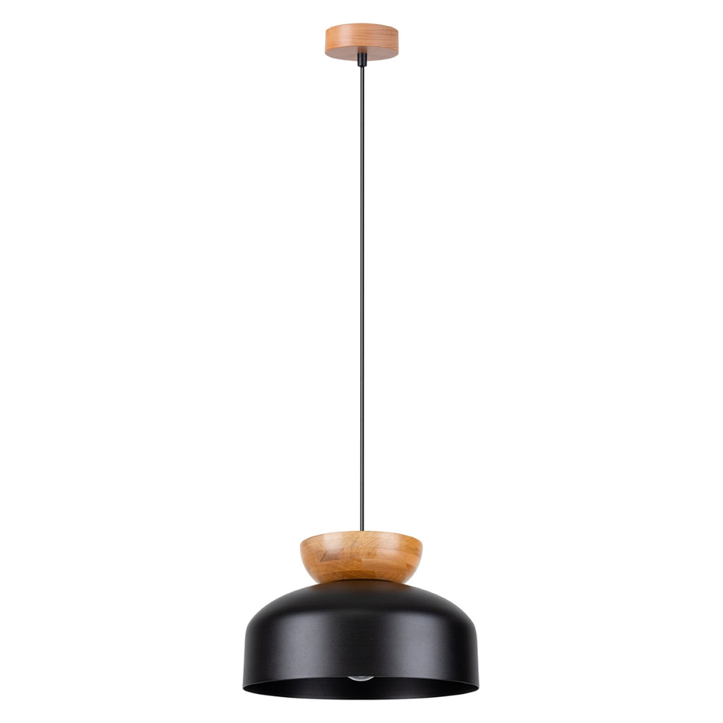 Suspension Marion métal et bois noir E27, large dôme en métal noir coiffé d'un bouton de bois naturel