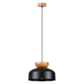 Suspension Marion métal et bois noir E27, large dôme en métal noir coiffé d'un bouton de bois naturel
