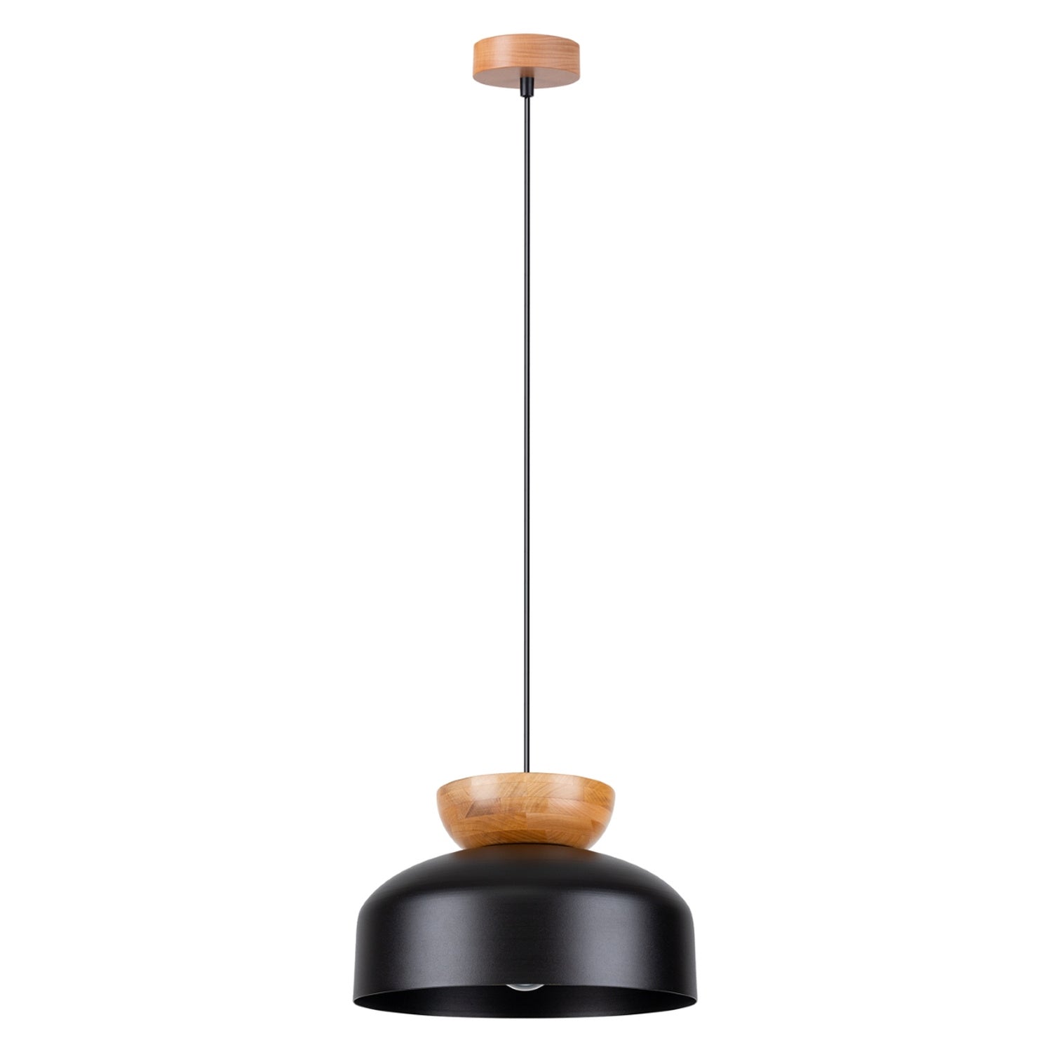 Suspension Marion métal et bois noir E27, large dôme en métal noir coiffé d'un bouton de bois naturel