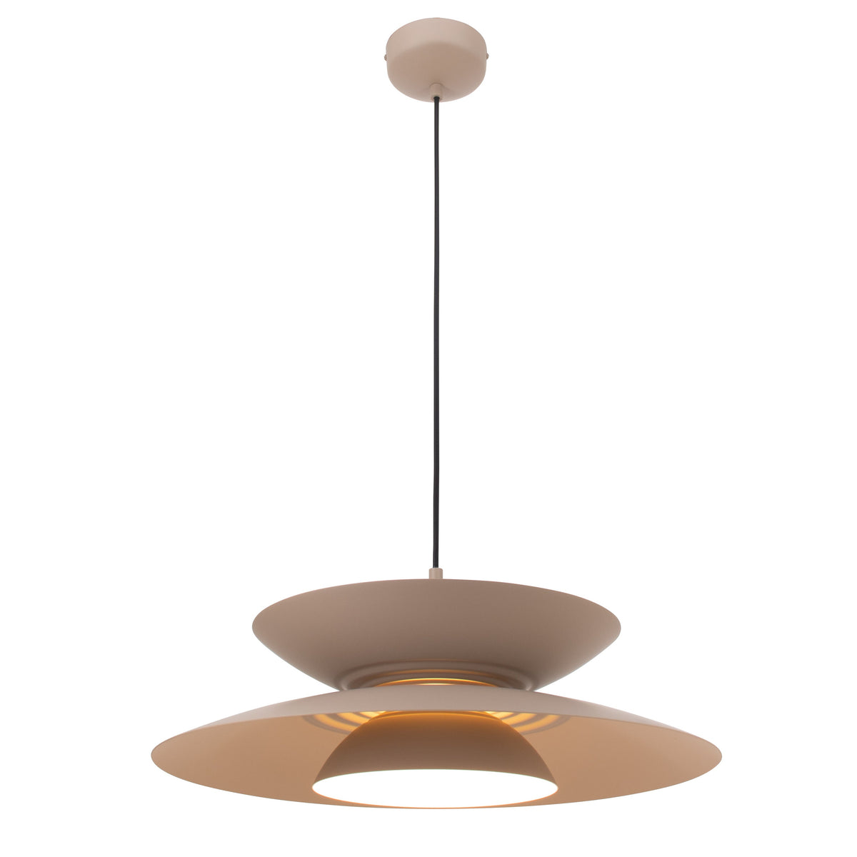 Suspension Mayumi beige allumée vue par-dessous avec la lumière chaude entre les disques et dans le diffuseur