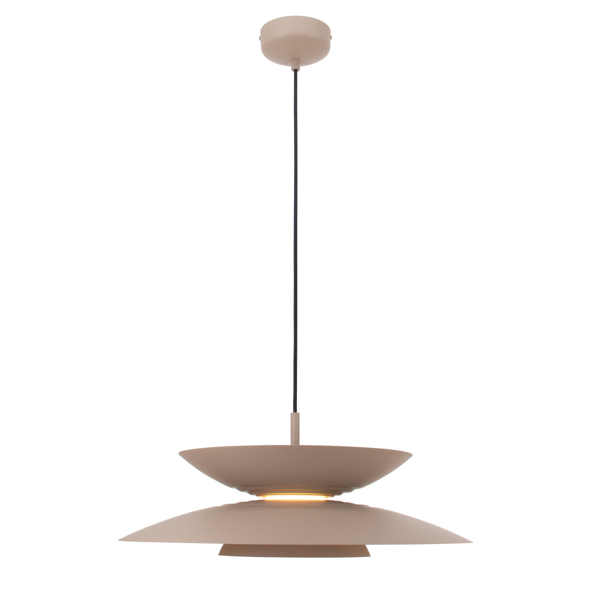 Suspension Mayumi beige allumée vue de profil avec un anneau de lumière entre ses deux disques