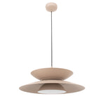 Suspension Mayumi beige vue de trois quarts par-dessous avec ses deux disques en aluminium et son diffuseur blanc