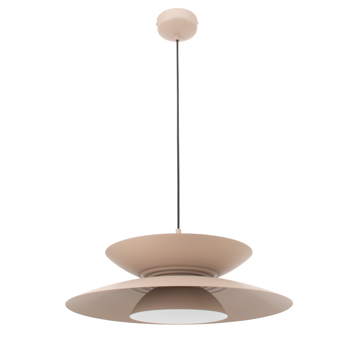 Suspension Mayumi beige vue de trois quarts par-dessous avec ses deux disques en aluminium et son diffuseur blanc