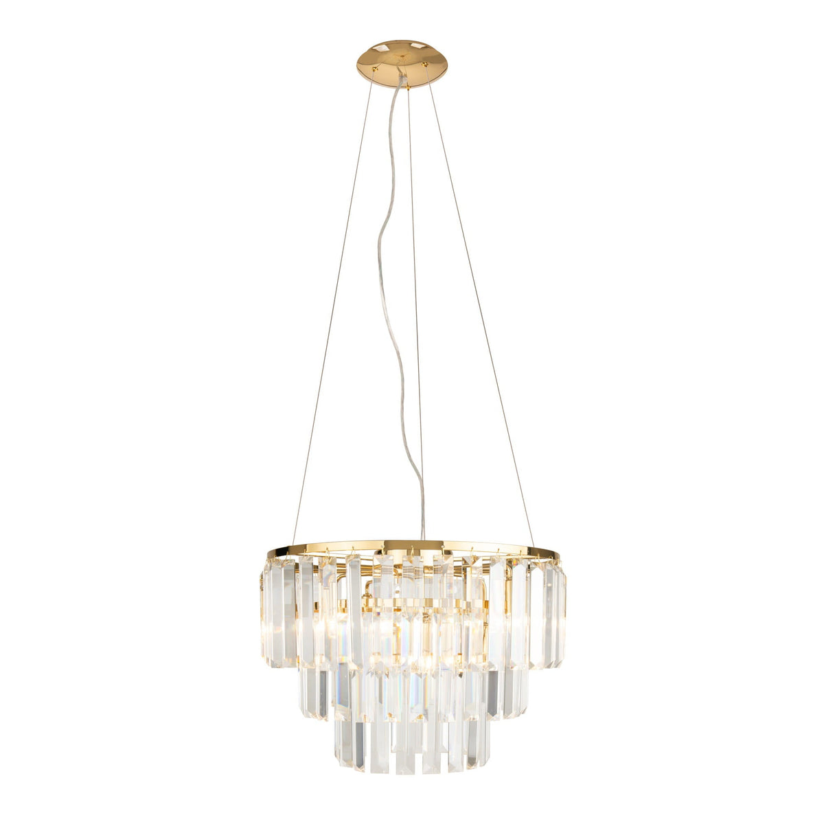 Suspension Monaco métal doré 42 cm à trois étages de pampilles de verre sur trois câbles fins