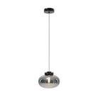 Suspension Moonstone verre fumé et marbre noir globe aplati et ampoule à filament sous sa rosace ronde