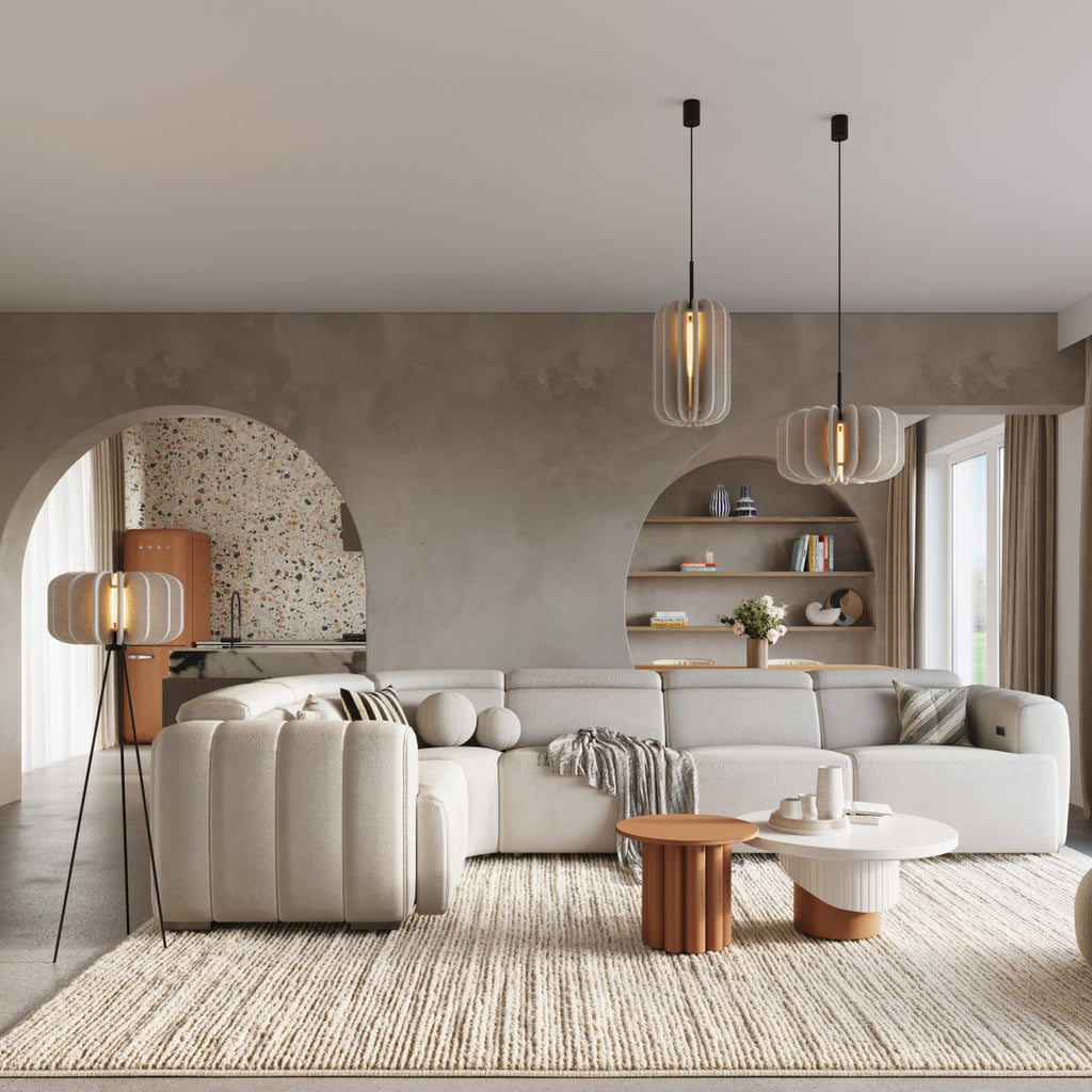 Suspension Mula 27 feutre beige E27 en situation dans un intérieur