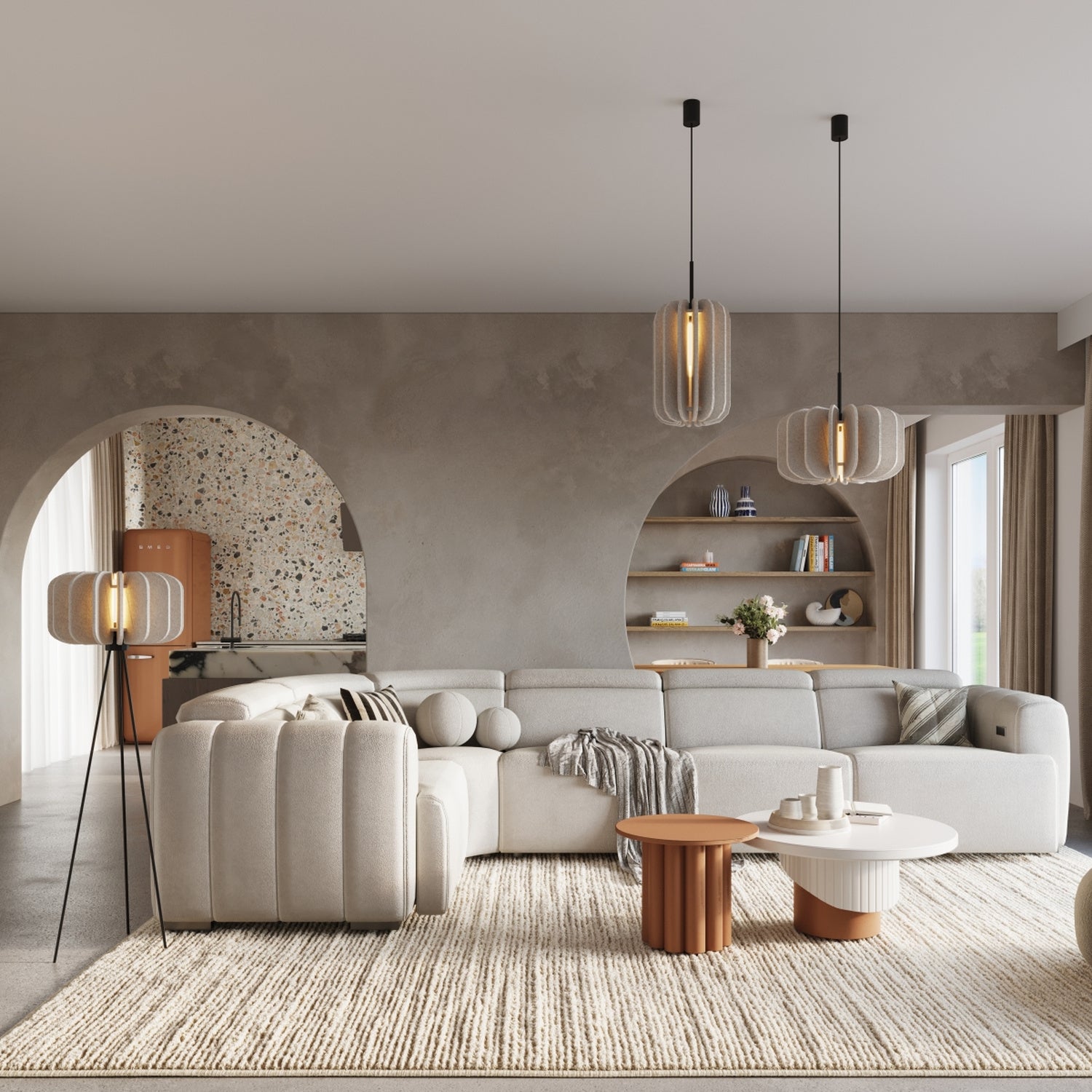 Suspension Mula 27 feutre beige E27 en situation dans un intérieur