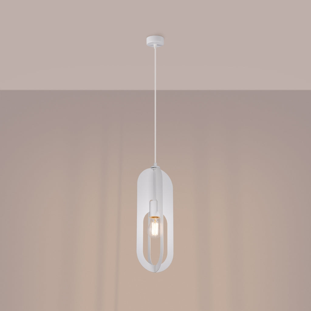 Suspension Nicus métal blanc E27 allumée, ampoule apparente au centre de l'ovale