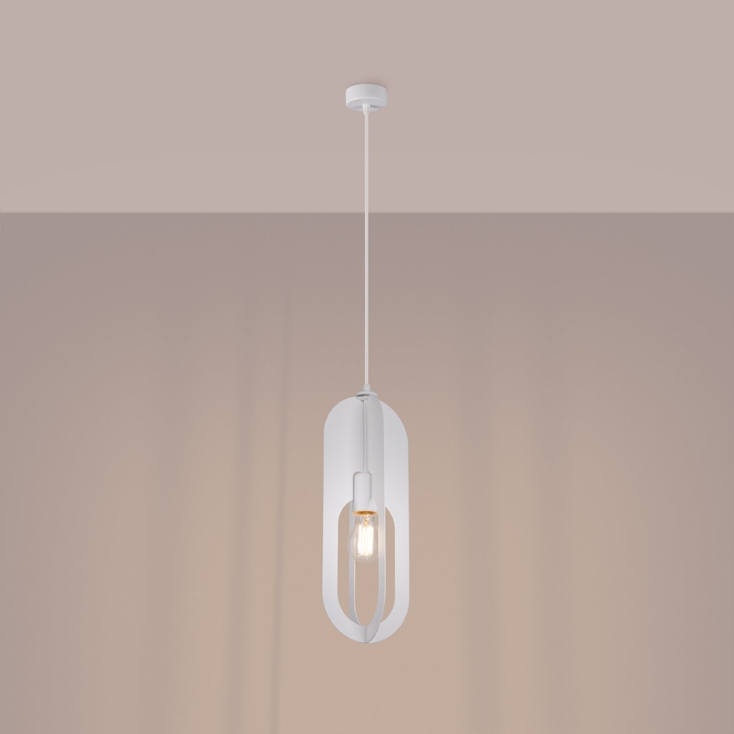 Suspension Nicus métal blanc E27 allumée, ampoule apparente au centre de l'ovale